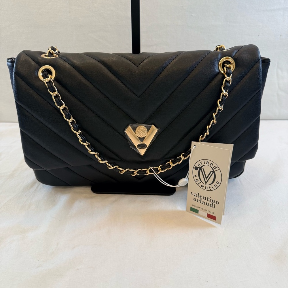Valentino Orlandi Black Chevron Quilted Shoulder‎ Bag with Gold Hardware